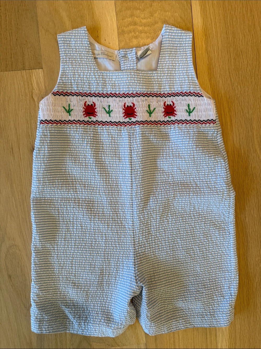 Carriage Boutique Light Blue & White Seersucker Crab Smocked Romper